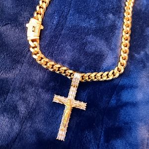 Gold Color Durable Necklace 18" 10mm width with Cross